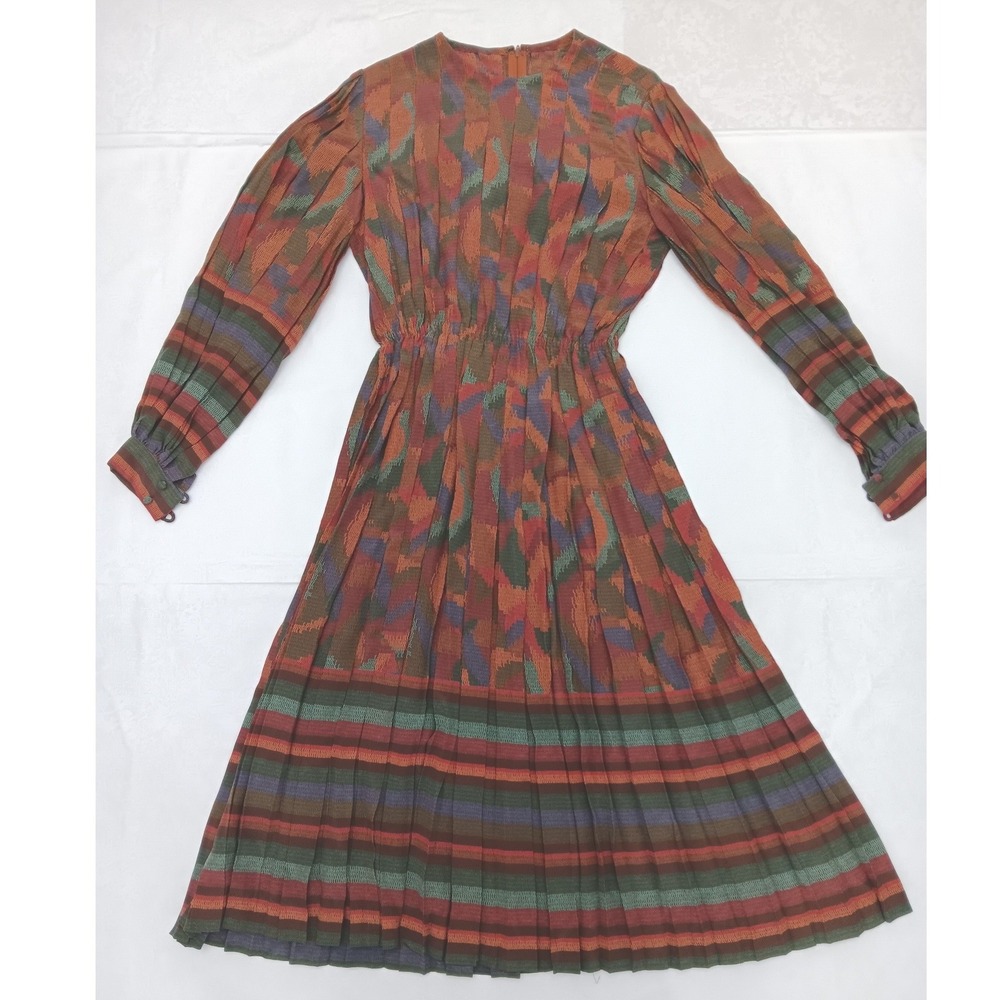 Harold Levine Vintage Earth Tone Abstract Striped Pleated Midi Dress Women's Med